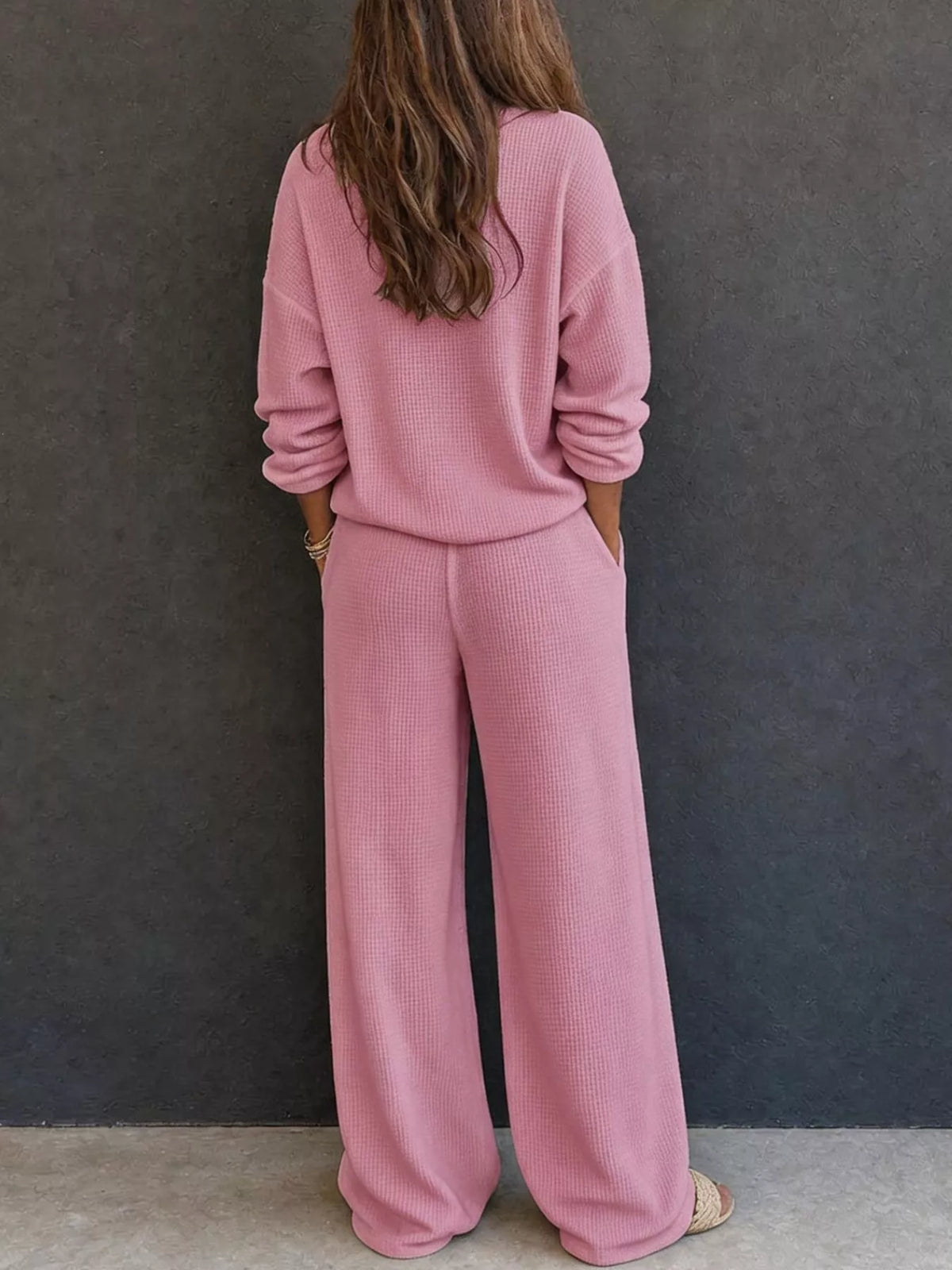 Waffle Knit Henley Top and Wide Leg Pants Set - Dusty Pink - View 6