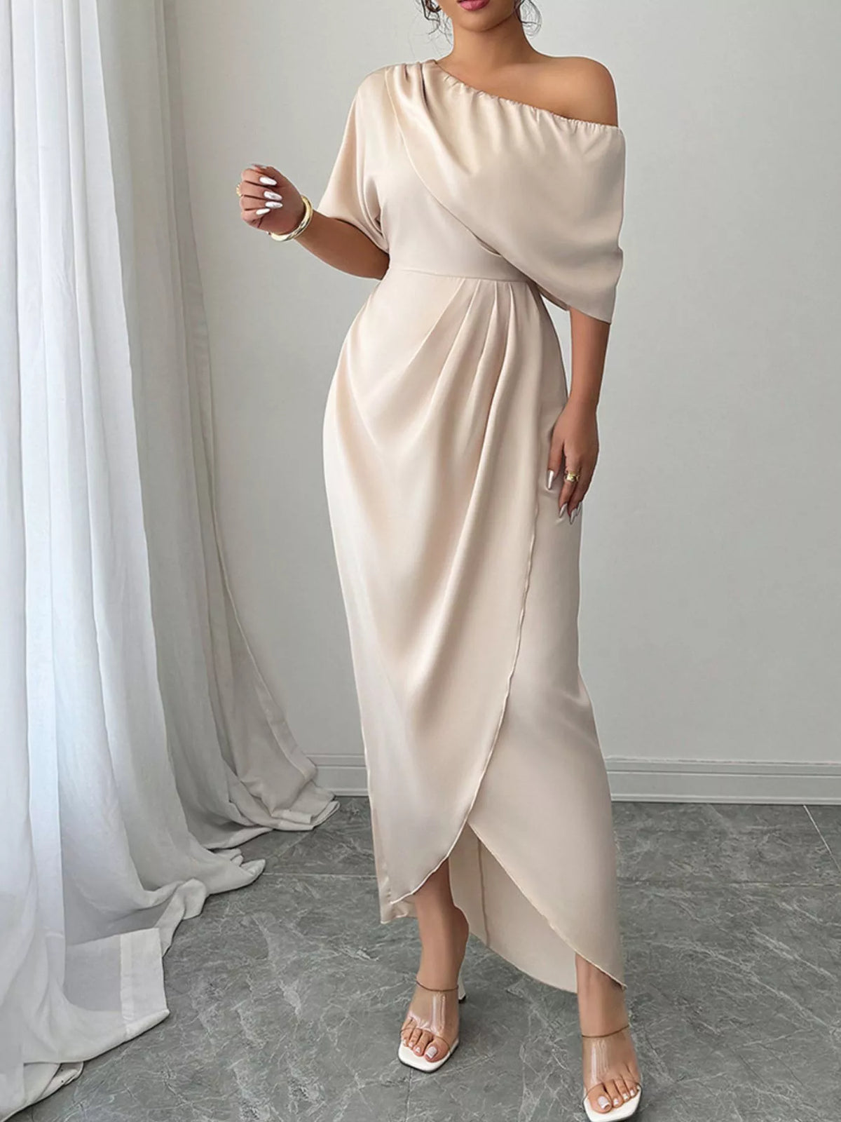 One-Shoulder Satin Maxi Dress - Champagne Color - View 4