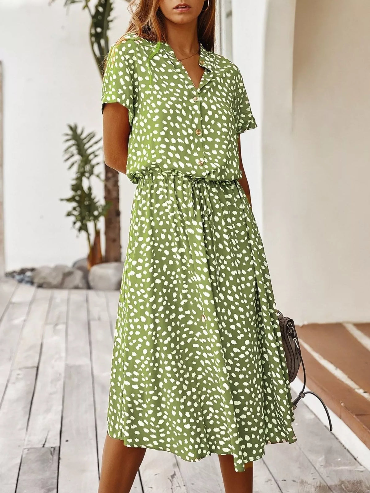 Animal Print Drawstring Waist Midi Dress - Lime - View 1