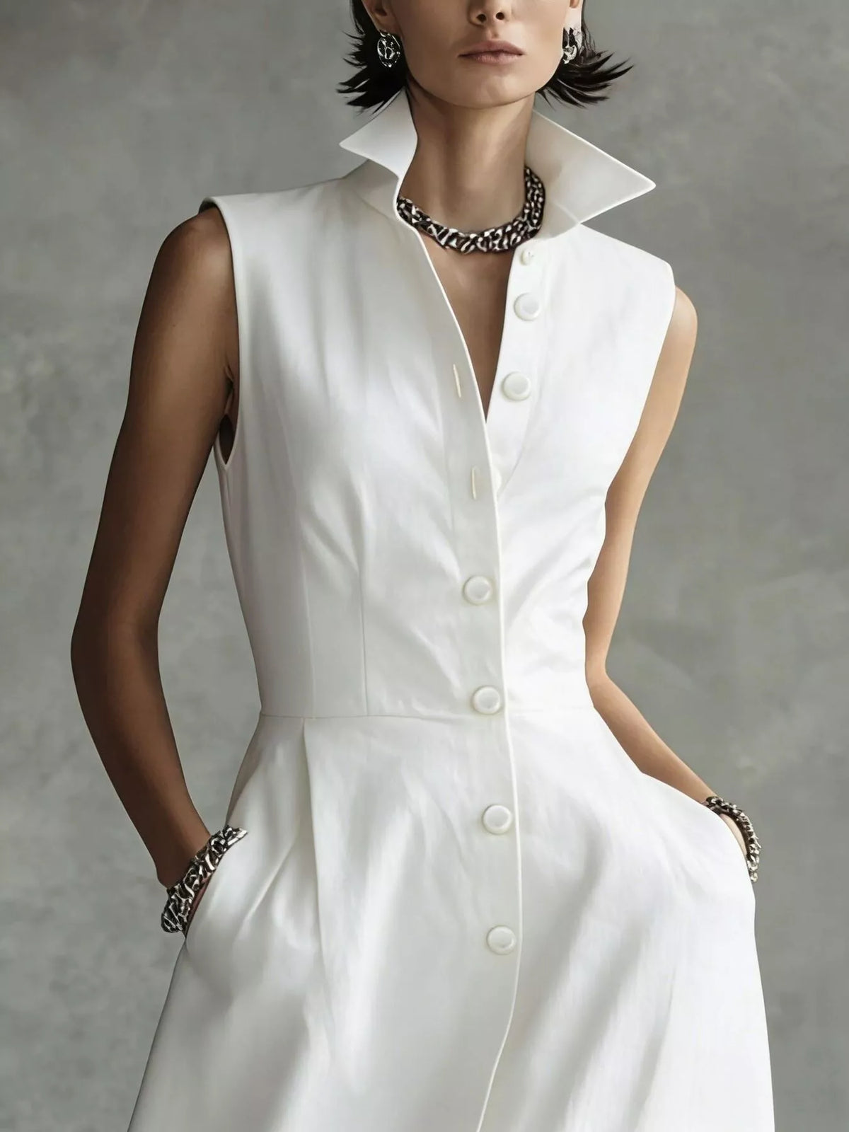 Sleeveless Button-Down Midi Shirt Dress - White - View 7