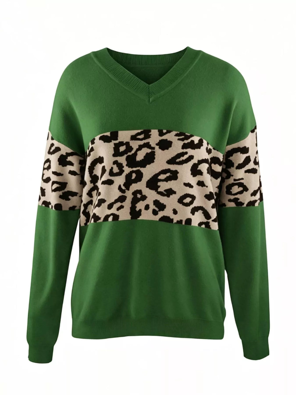 Leopard V-Neck Dropped Shoulder Sweater - Green - View 1