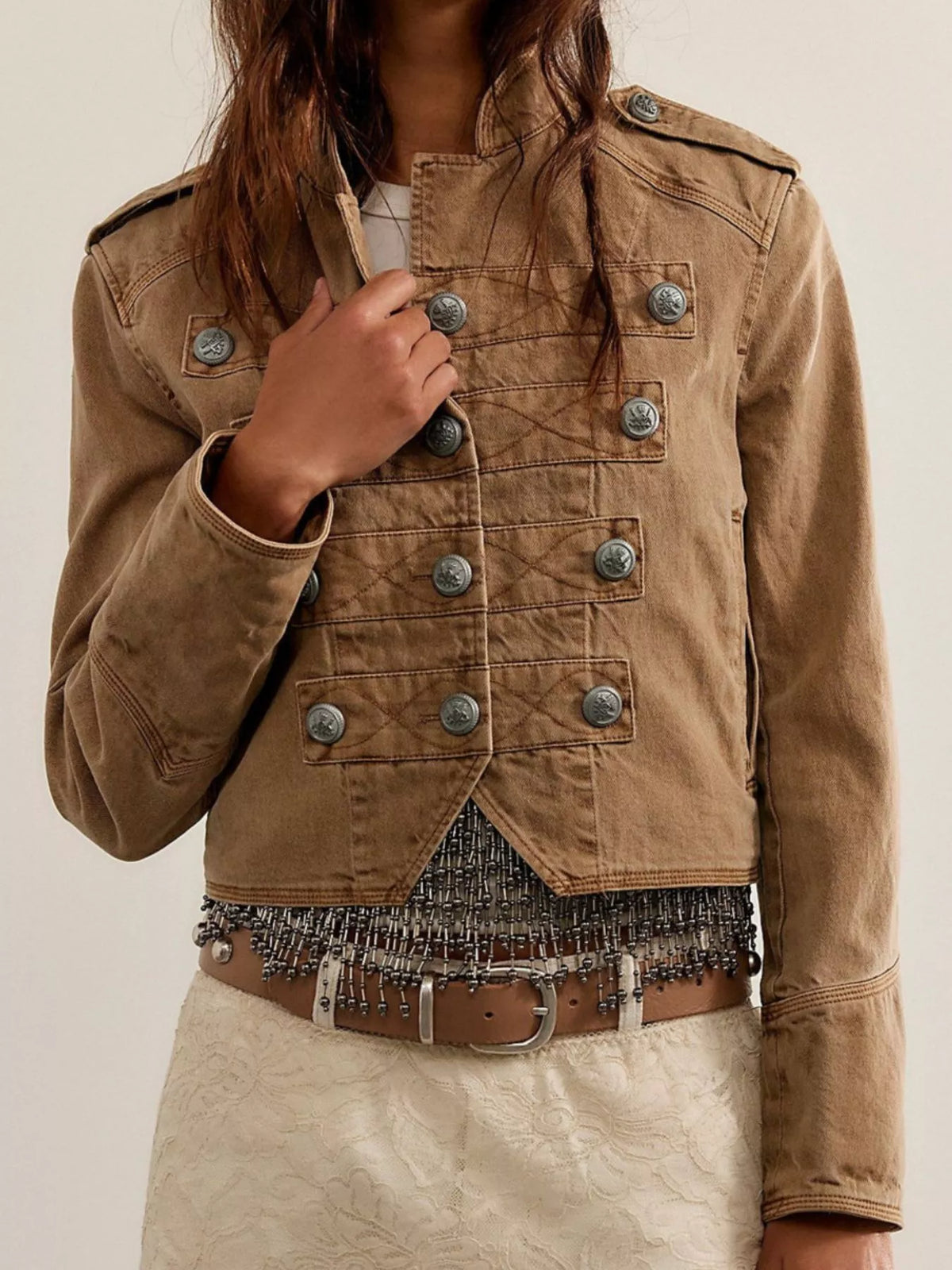 Decorative Button Cropped Jacket - Khaki Color - View 1