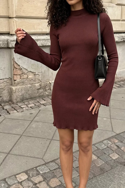 Mock Neck Ribbed Knit Bodycon Mini Dress - Burgundy - View 6