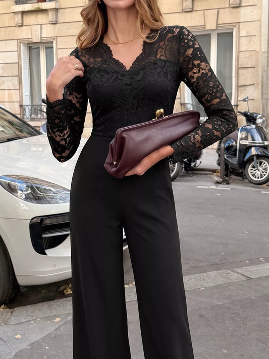Lace Long Sleeve Wide-Leg Jumpsuit - Black - View 2