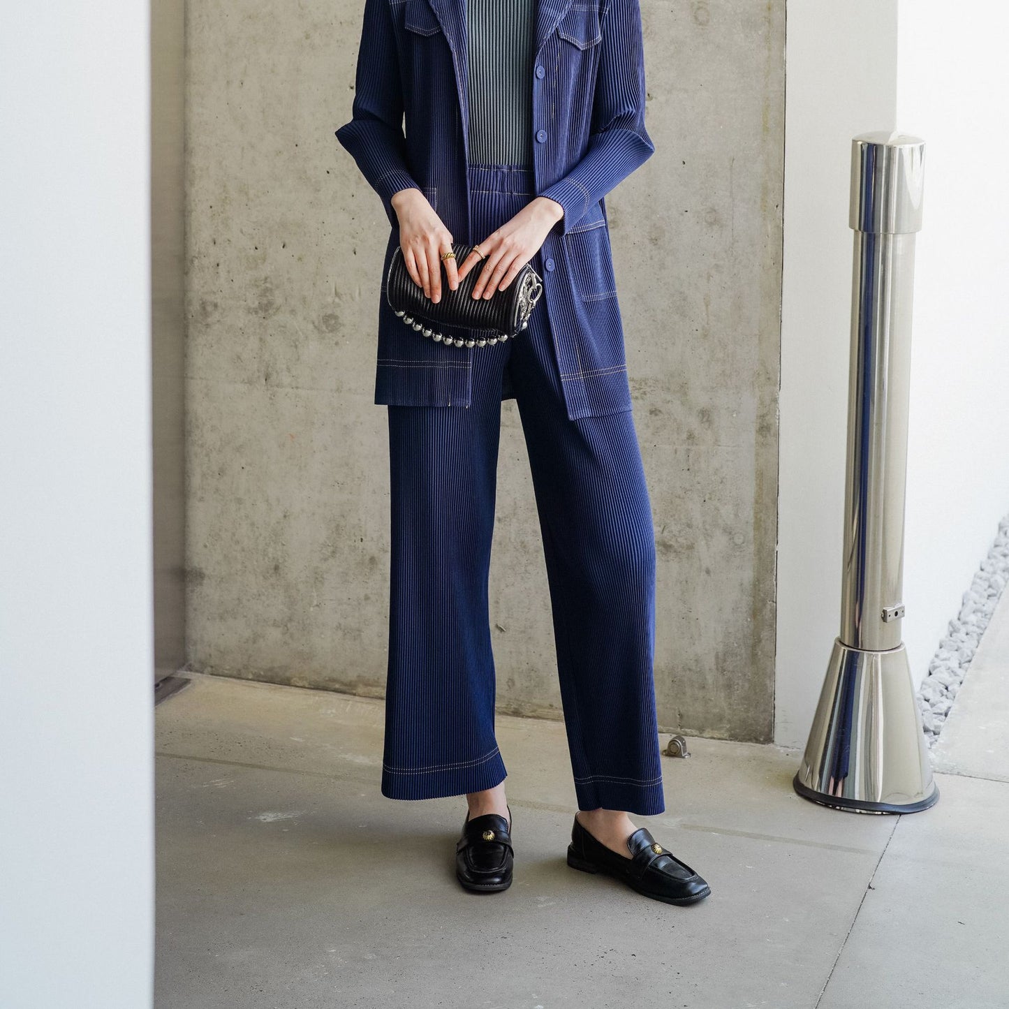 High-quality boutique-style spring new arrival, Issey Miyake pleated vintage high-end denim-inspired chic office suit set