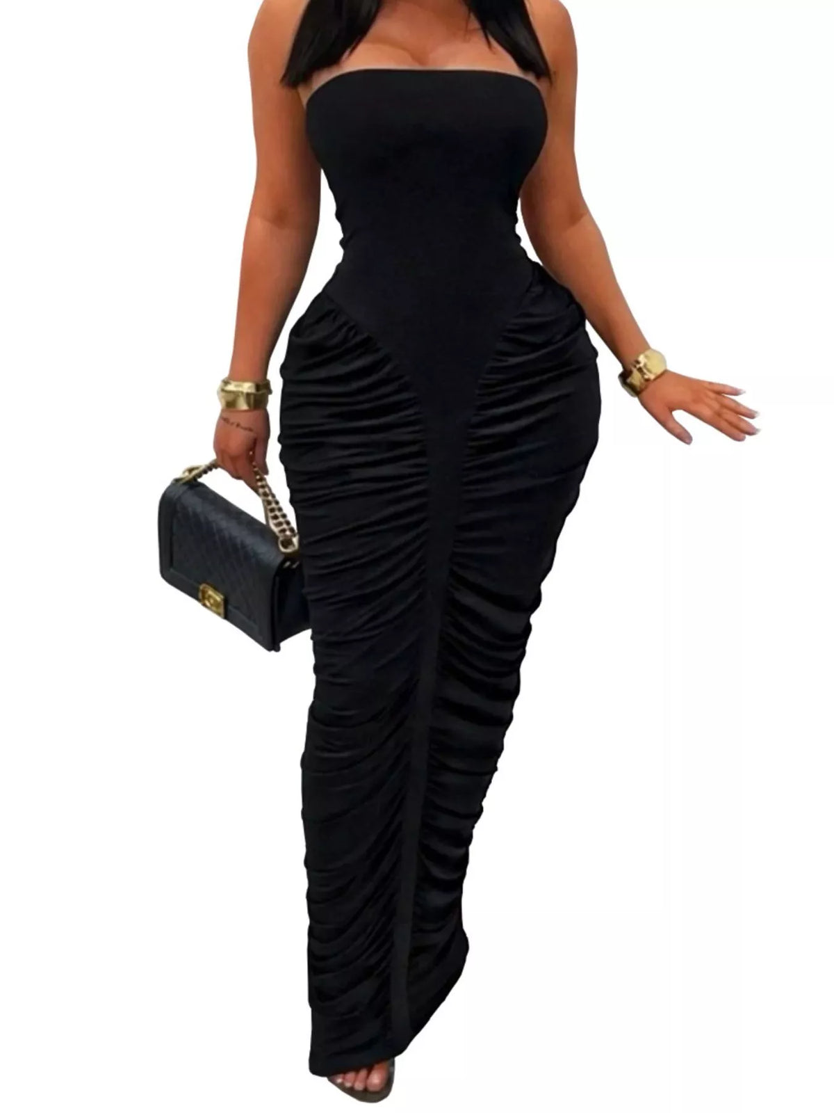 Strapless Ruched Bodycon Maxi Dress - Black - View 3