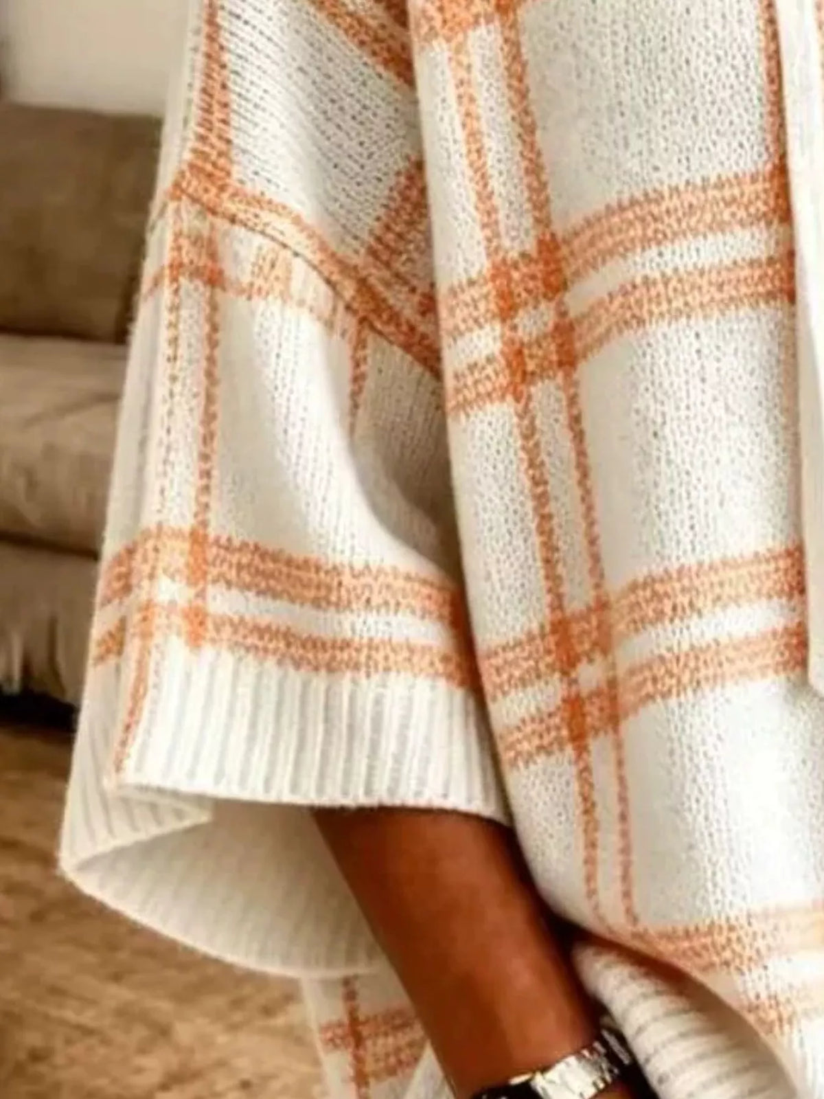 Full Size Drawstring Plaid Hooded Sweater Plus Size - White - View 2