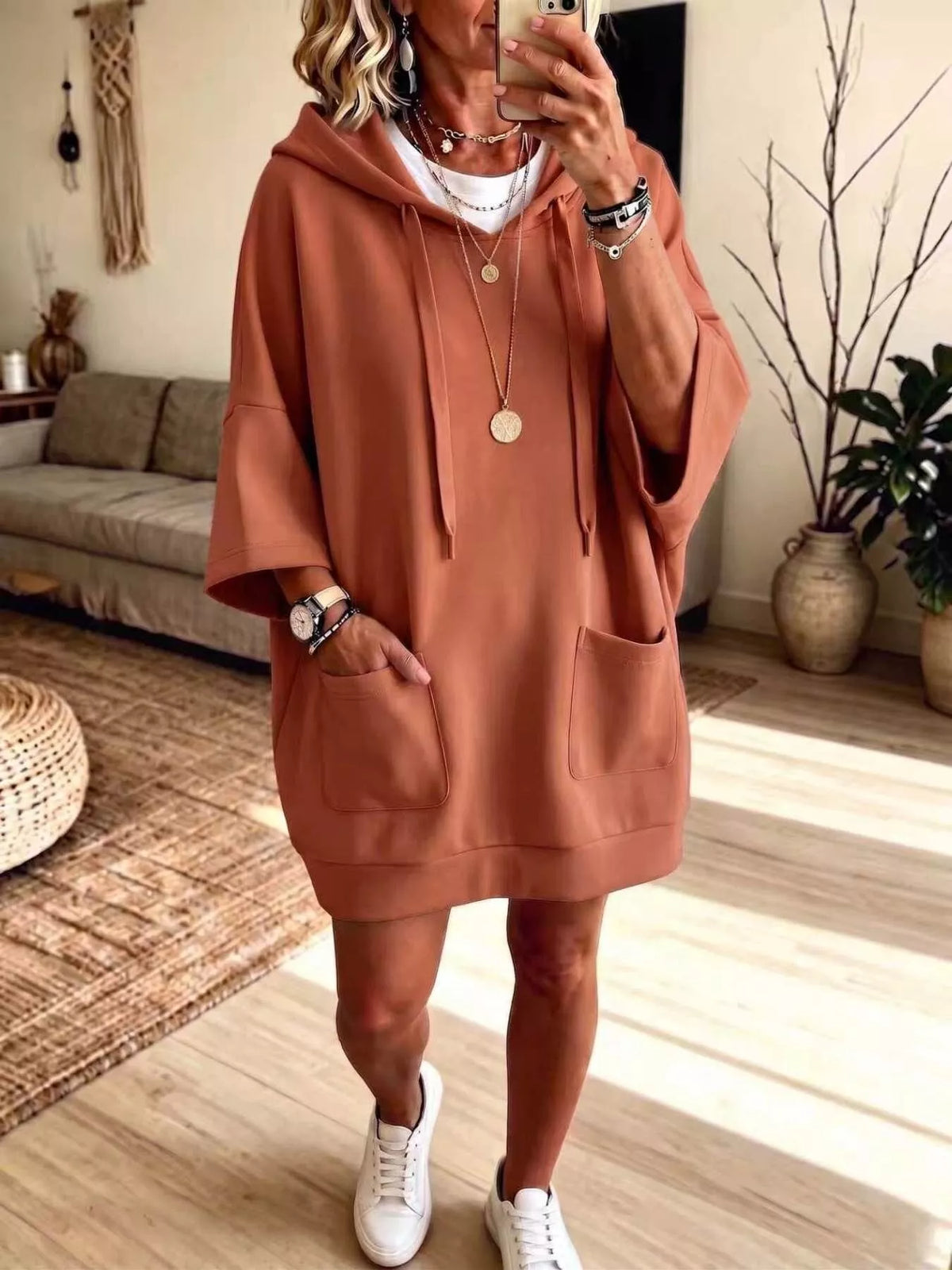 Full Size Drawstring Oversized Front Pockets Oversized Hoodie Plus Size - Terracotta - View 1