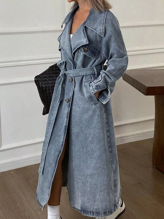 Vintage Washed Longline Denim Trench Jacket - Blue - View 2