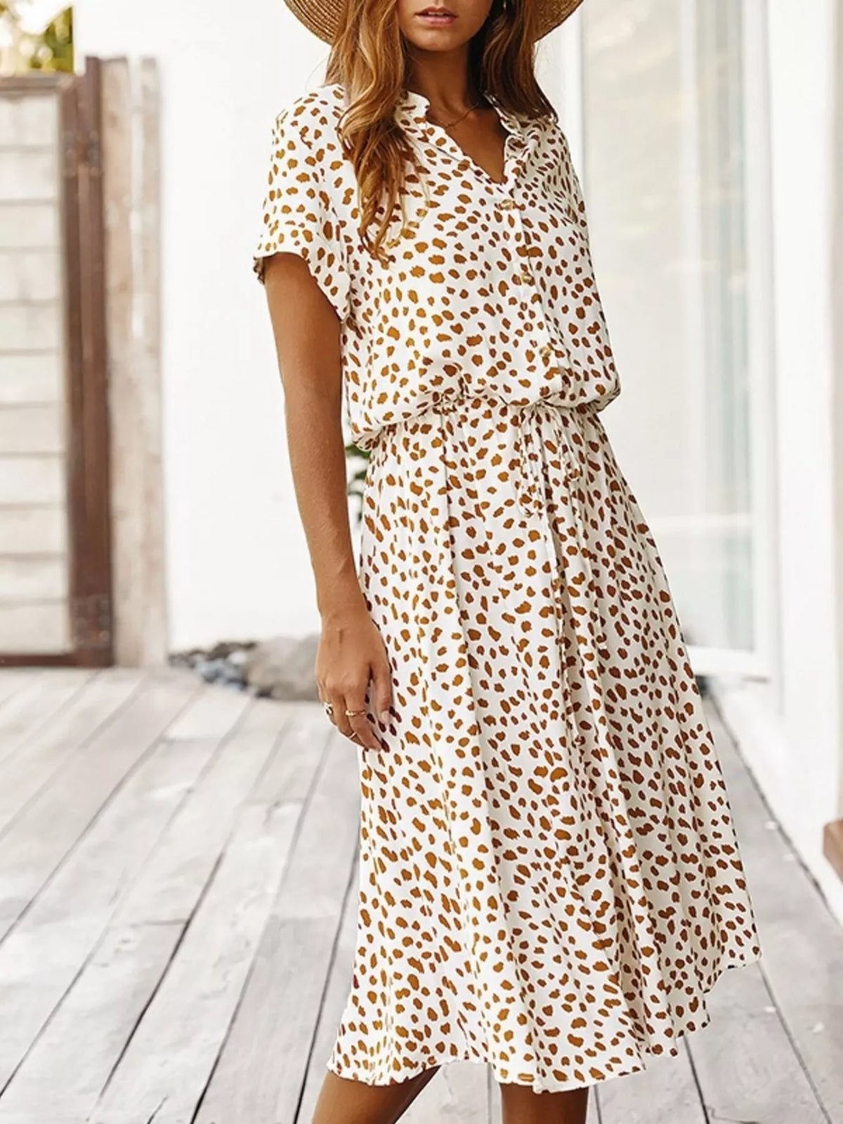 Animal Print Drawstring Waist Midi Dress - Beige - View 2