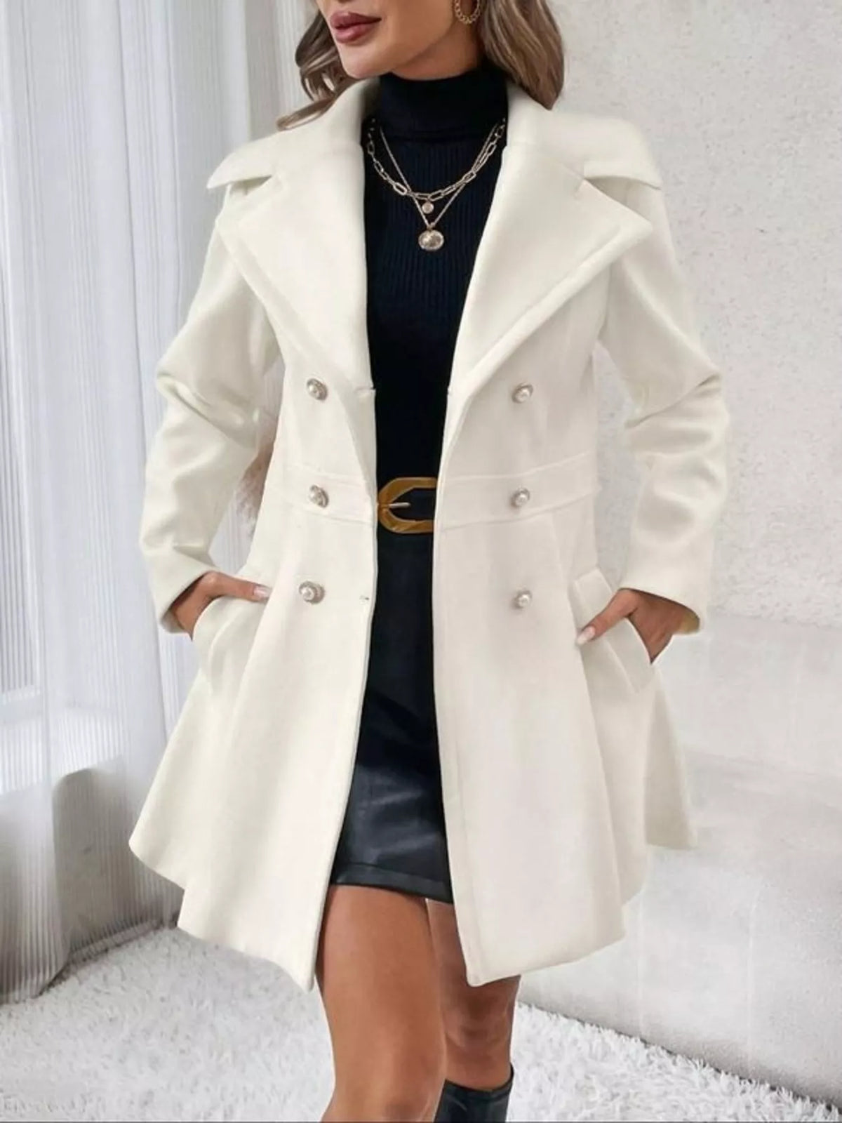 Double-Breasted Peplum Coat - White - View 1