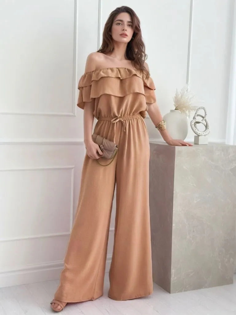 Ruffled Off-Shoulder Wide Leg Jumpsuit - Camel - View 2