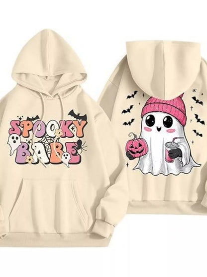 Full Size Halloween Graphic Long Sleeve Hoodie Plus Size - Pastel Yellow - View 1