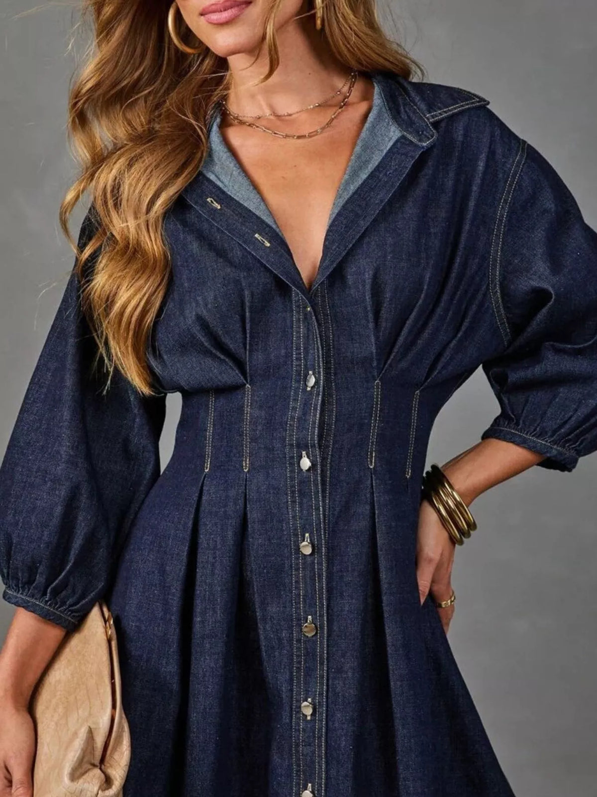 Button Down 3/4 Sleeve Denim Dress - Dark Blue - View 3