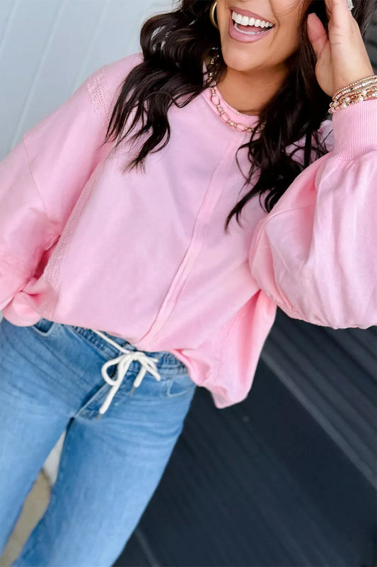 Solid Color Raw Seam Lace Detail Loose Casual Sweatshirt - Blush Pink - View 2