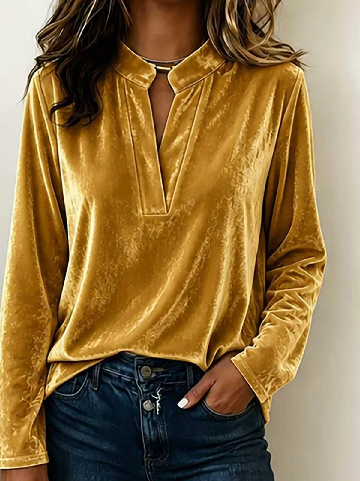 Full Size Velvet Notched Long Sleeve Blouse Plus Size - Gold - View 1