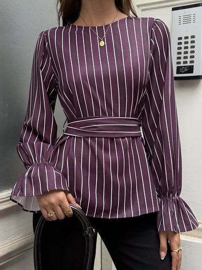 Striped Flounce Sleeves Blouse - Purple - View 2
