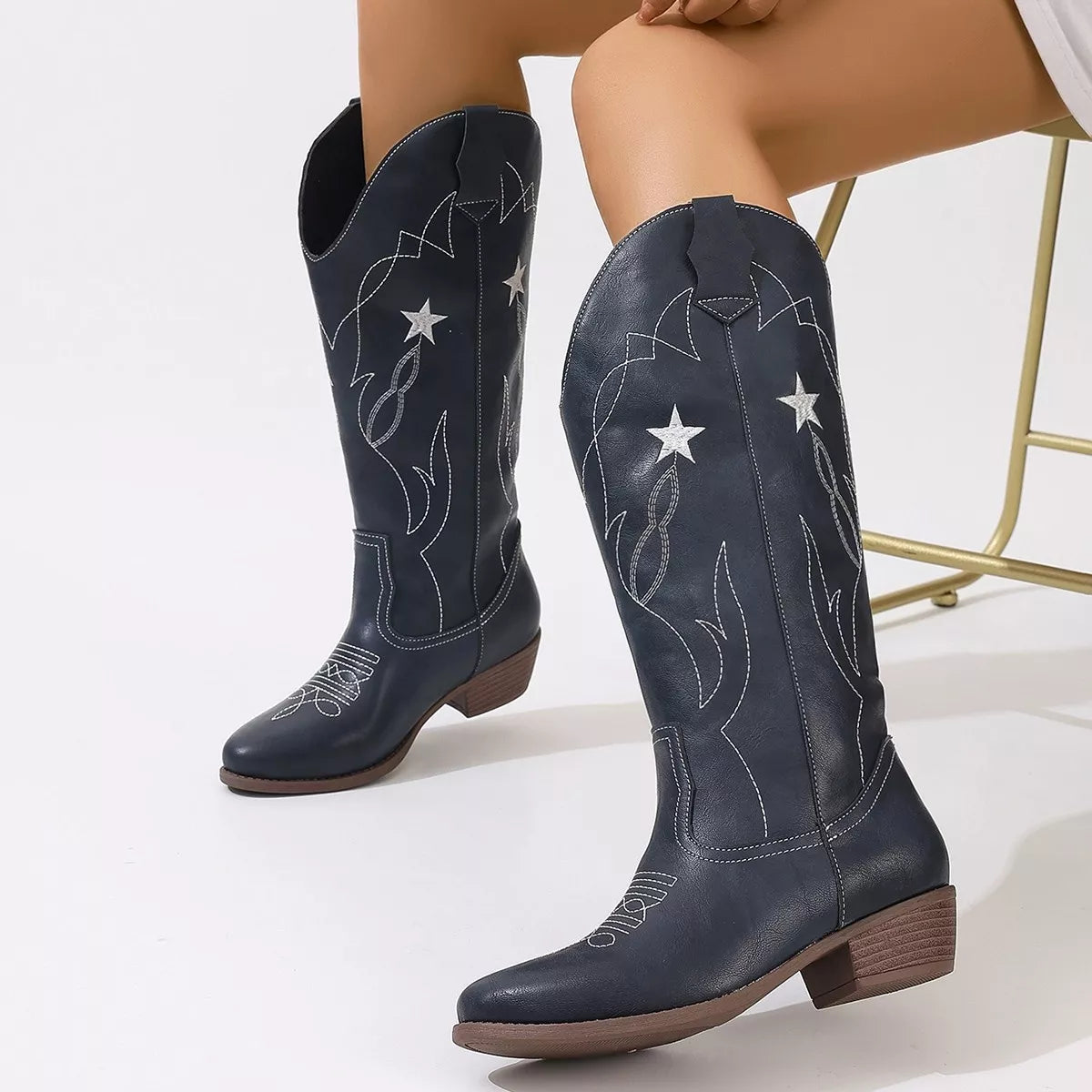 Western Star Embroidered Cowboy Boots - Navy Blue - View 5