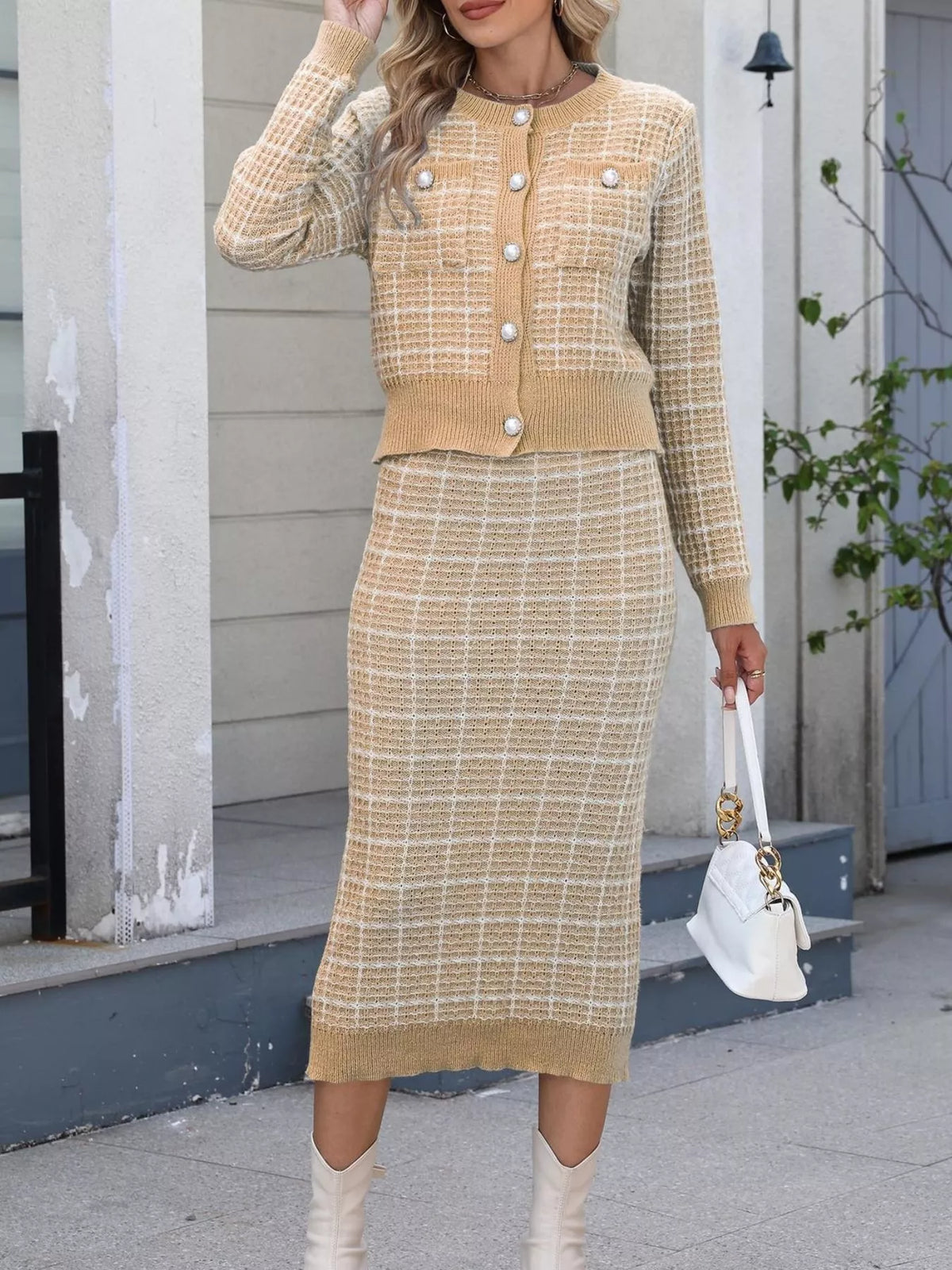 Plaid Knit Cardigan and Midi Skirt Sweater Set - Khaki - View 2