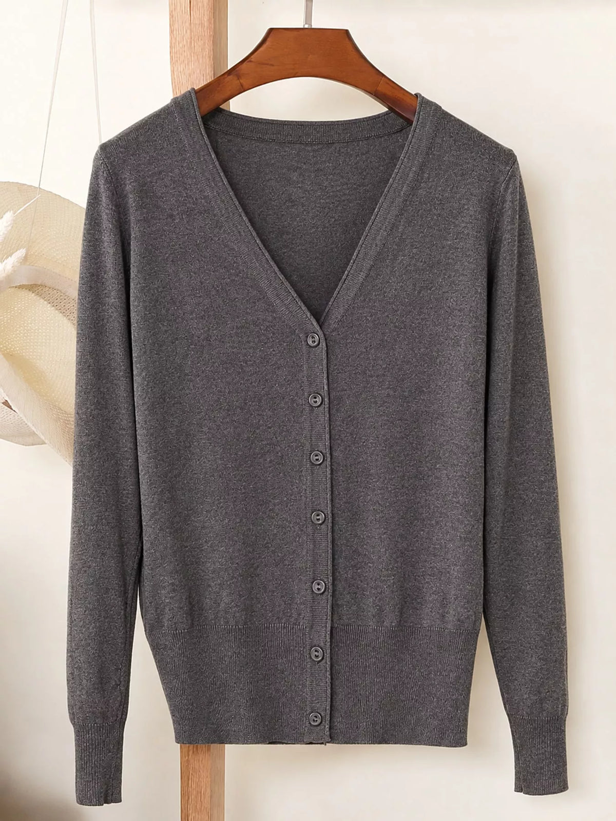 Classic V-Neck Button-Down Knit Cardigan - Dark Gray - View 25