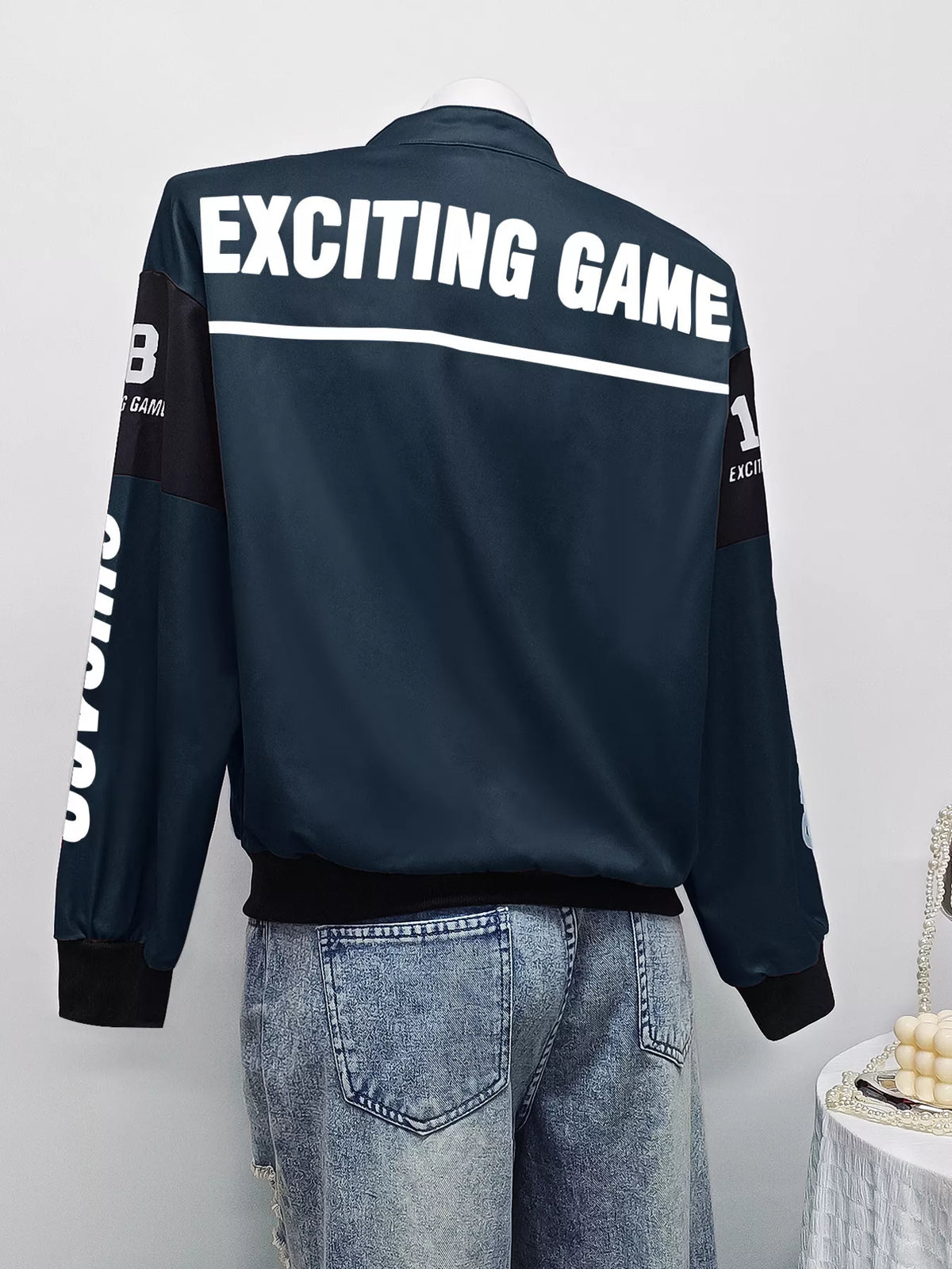 Letter Print Zip Up Jacket - Navy Blue - View 6
