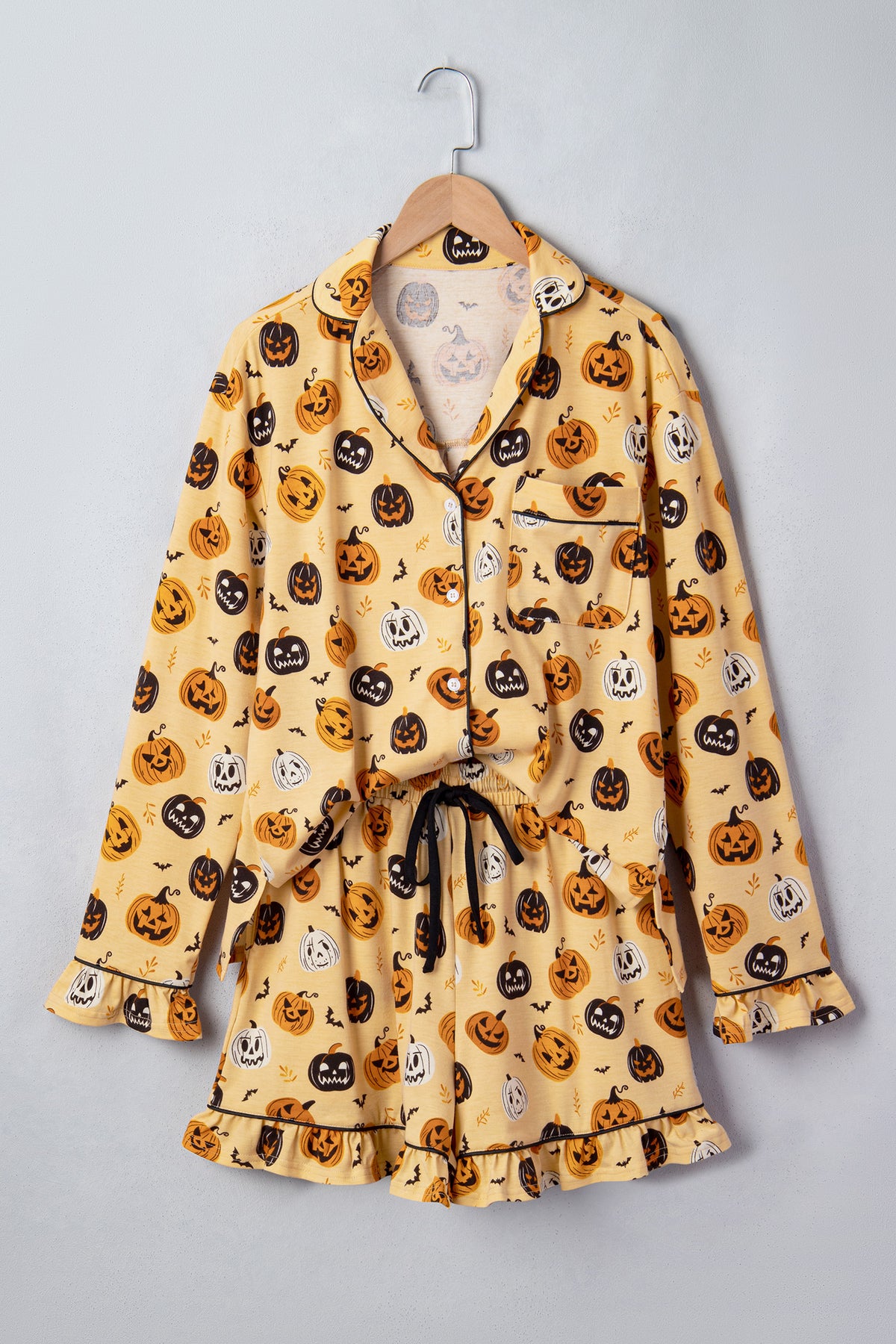 Orange Long Sleeve Ruffle Pumpkin Face Print Two Piece Lounge Set - product photo 5