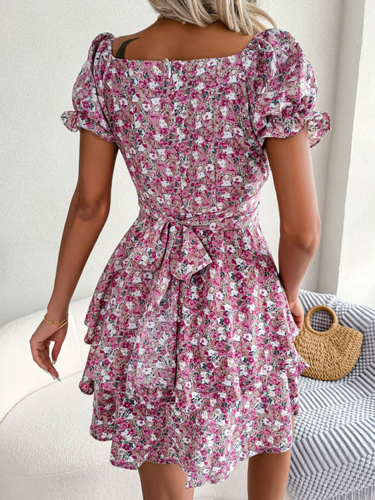 Floral Sweetheart Neck Flounce Sleeve Mini Dress - Magenta Floral - View 2