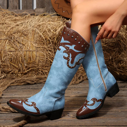 Point Toe Block Heels Boots - Blue - View 2