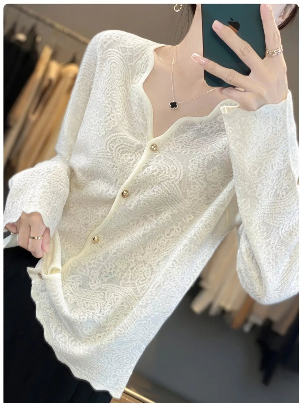 Lace V-Neck Cardigan - Apricot Beige - View 2
