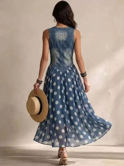 Polka Dot Denim Bodice Sleeveless Maxi Dress - Medium - View 2