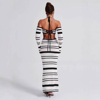 Women's Suit Summer Striped Long Sleeve Halter Top and Skirt Two-Piece Set