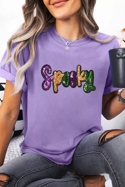 Full Size Spooky Sequin Letter Patched Cotton Blend T Shirt Plus Size - Lavender - View 3