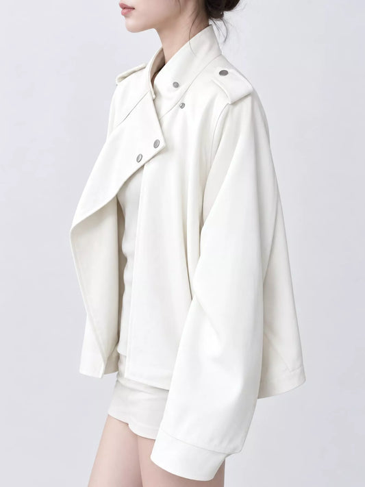 Asymmetric Zip-Up Moto-Style Jacket - Ivory - View 2