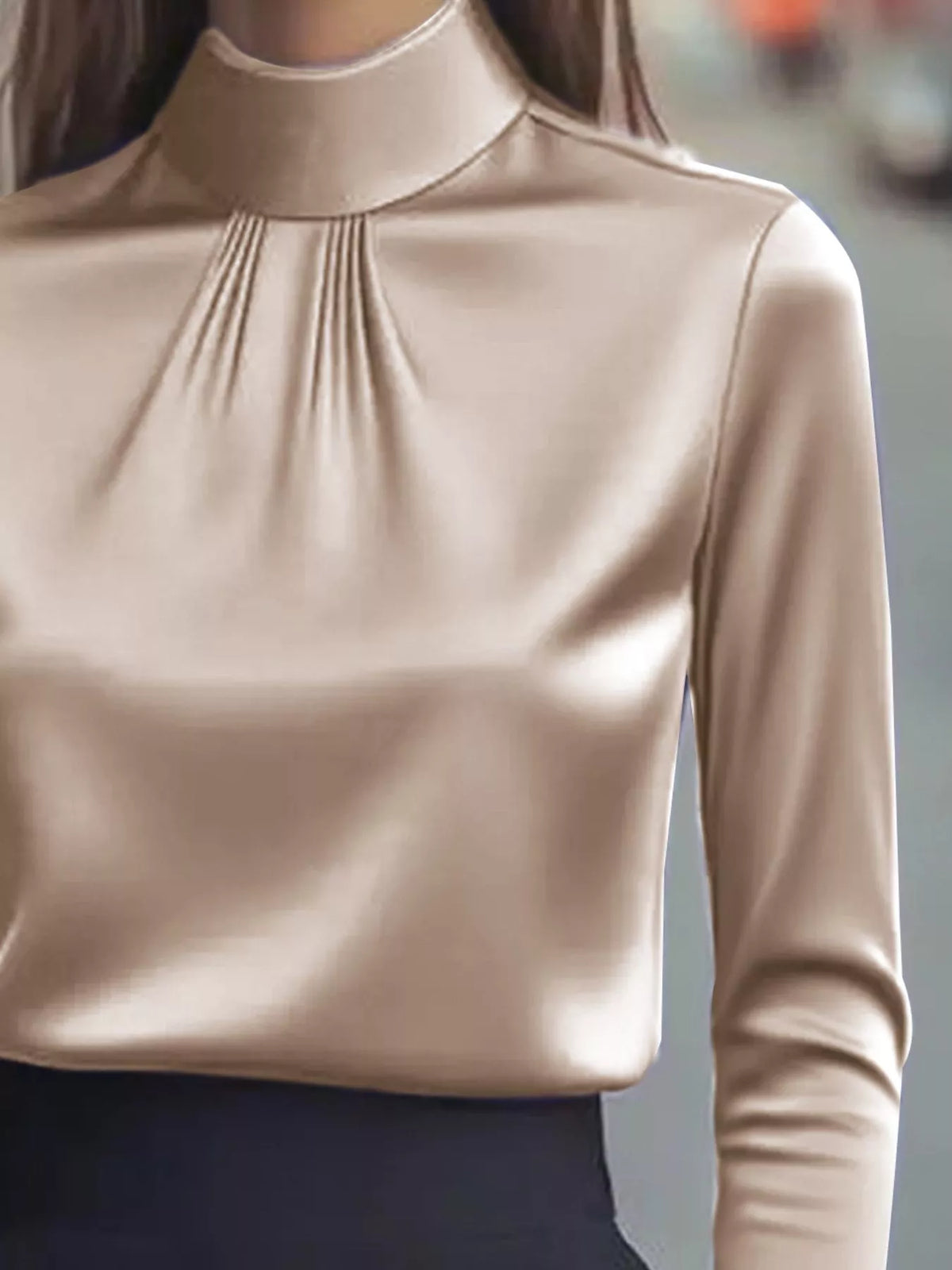 Mock Neck Long Sleeve Blouse with Pleated Detail - Khaki - View 6