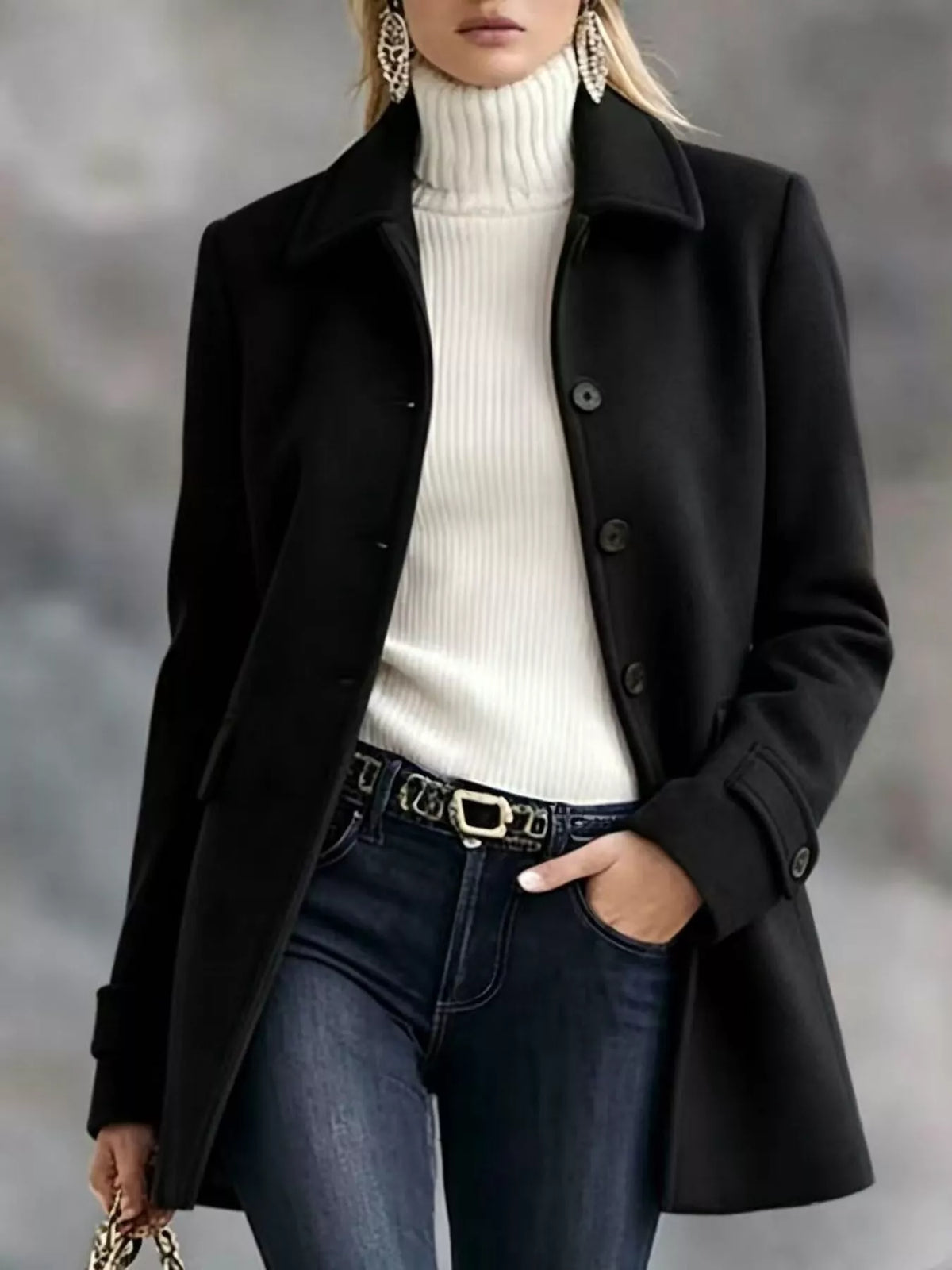 Button Up Collared Neck Coat - Black - View 6