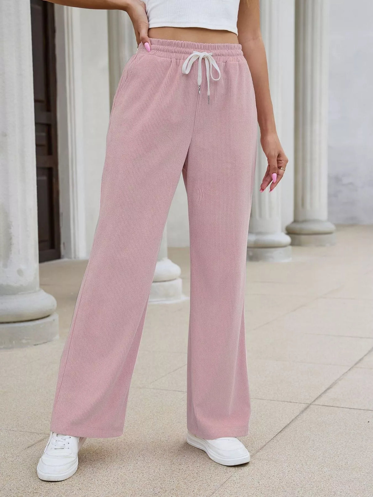 High-Waisted Drawstring Wide-Leg Casual Pants - Pink - View 3