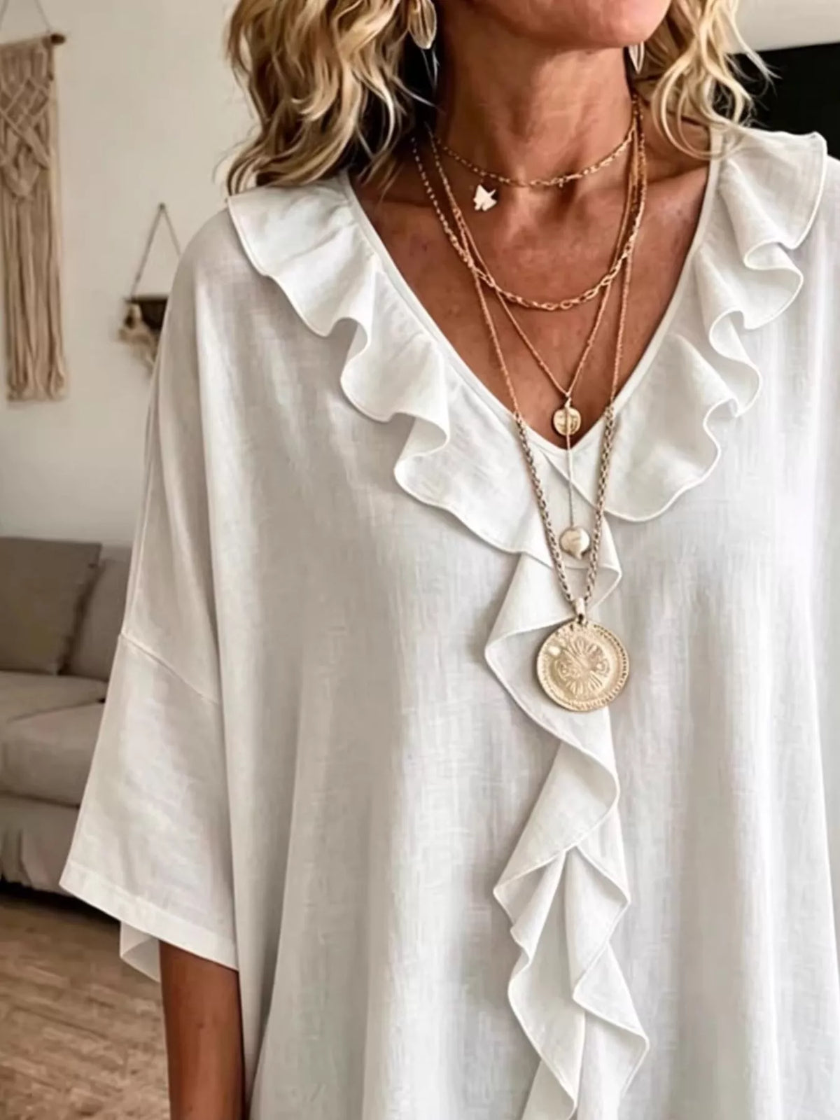 Full Size Ruffle V-Neck 3/4 Sleeve Blouse Plus Size - White - View 2