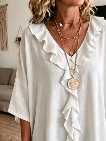 Full Size Ruffle V-Neck 3/4 Sleeve Blouse Plus Size - White - View 2