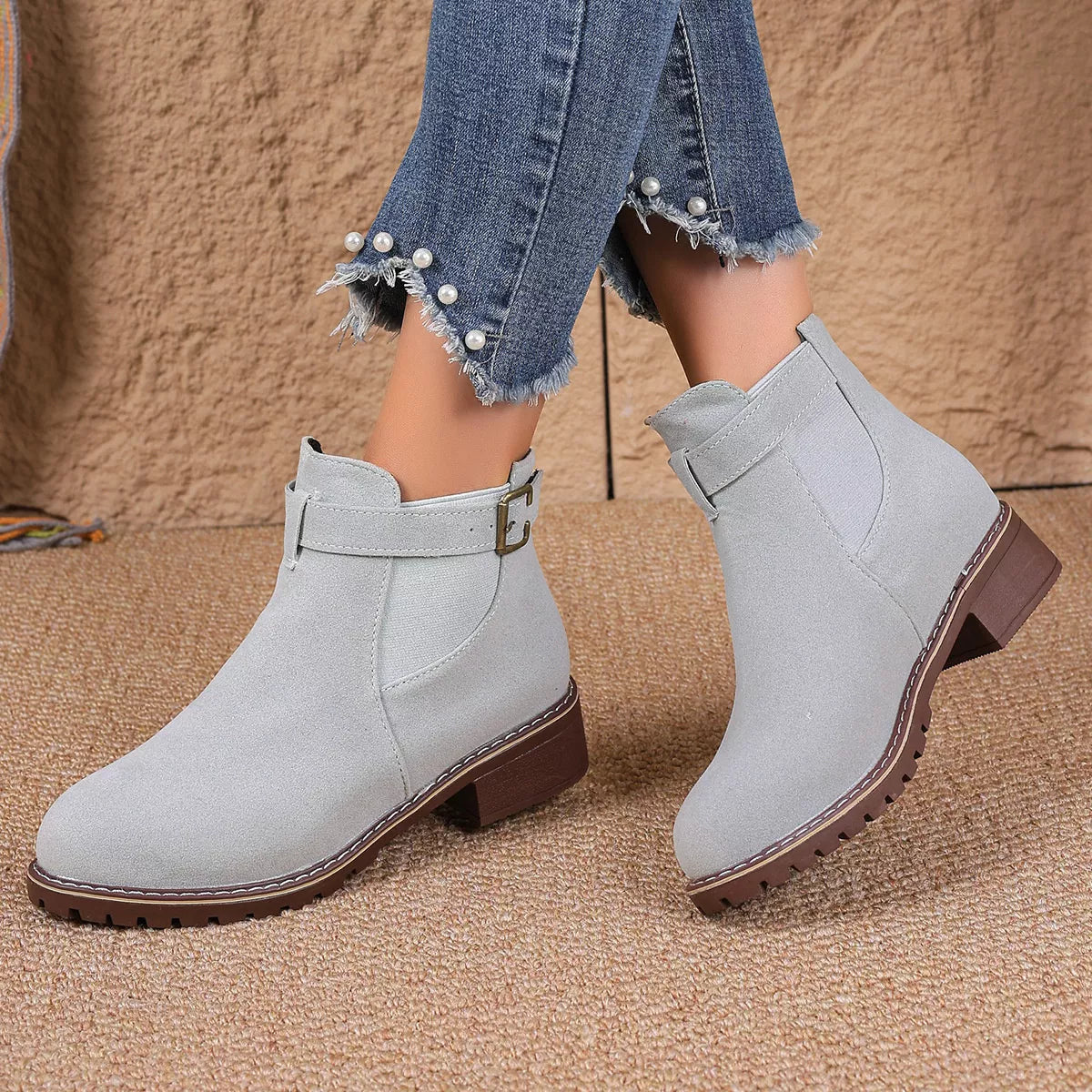 Round Toe Block Heels Boots - Dark Gray - View 9