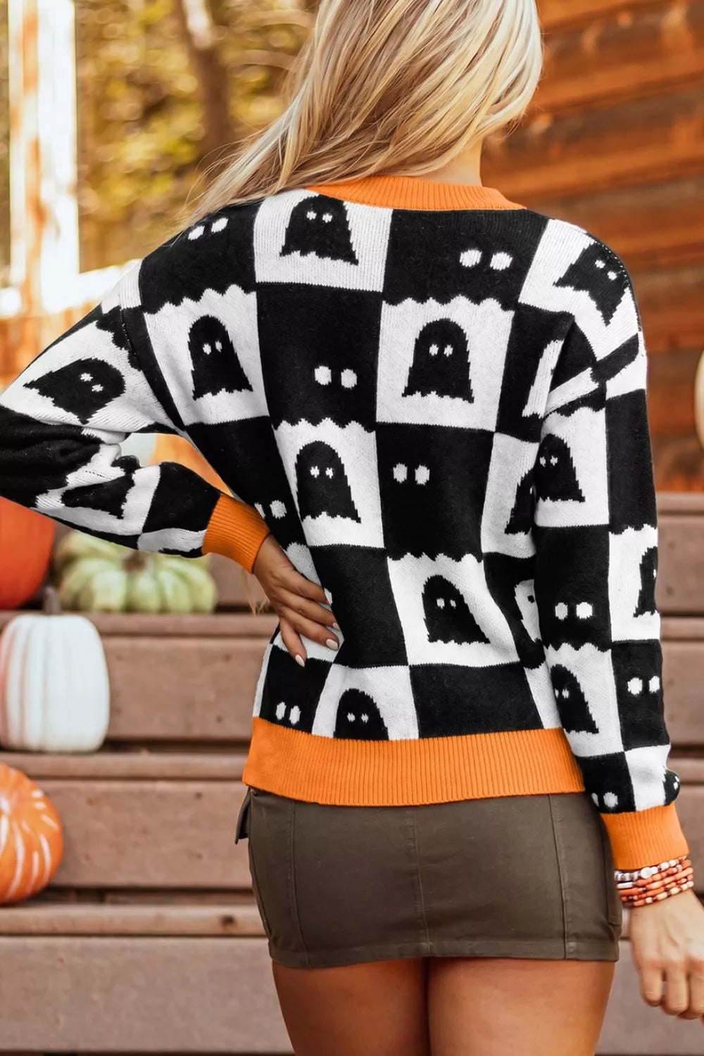 Halloween Ghost Pattern Checkerboard Sweater - Black - View 4