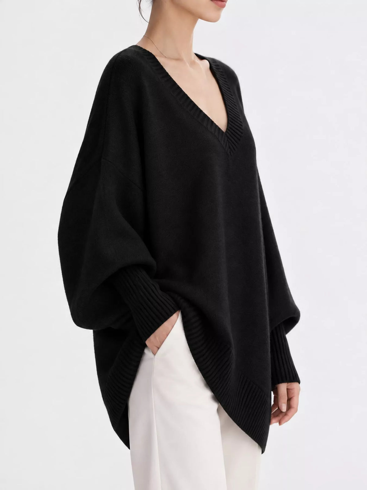 Full Size V-Neck Oversized Batwing Sleeve Sweater Plus Size - Black - View 47