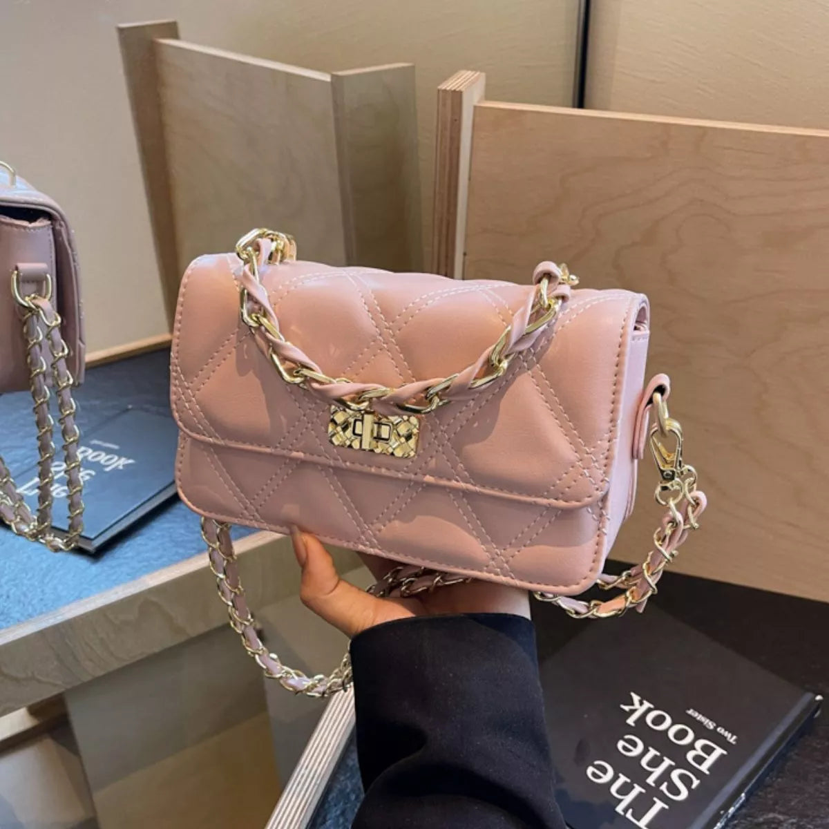 Quilted Chain Strap Crossbody Bag - Pink - View 3