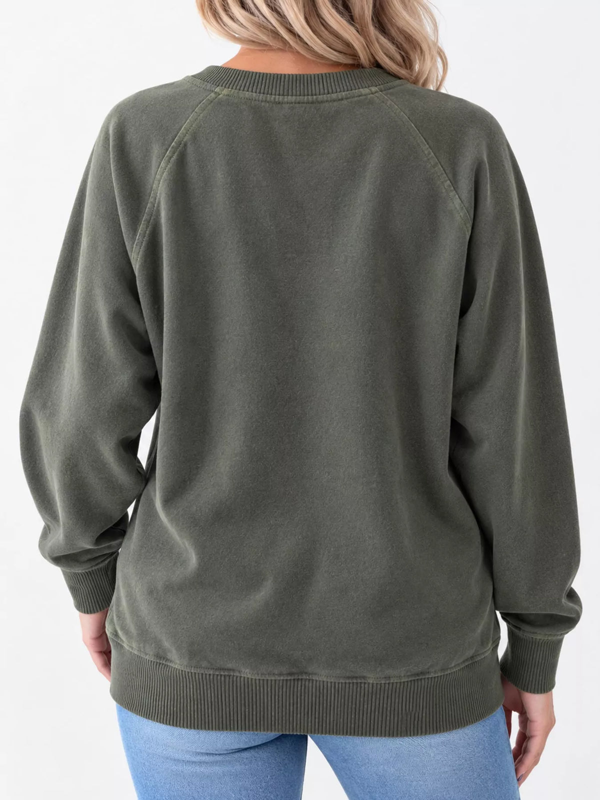 Crew Neck Raglan Sleeve Sweatshirt - Army Green - View 8
