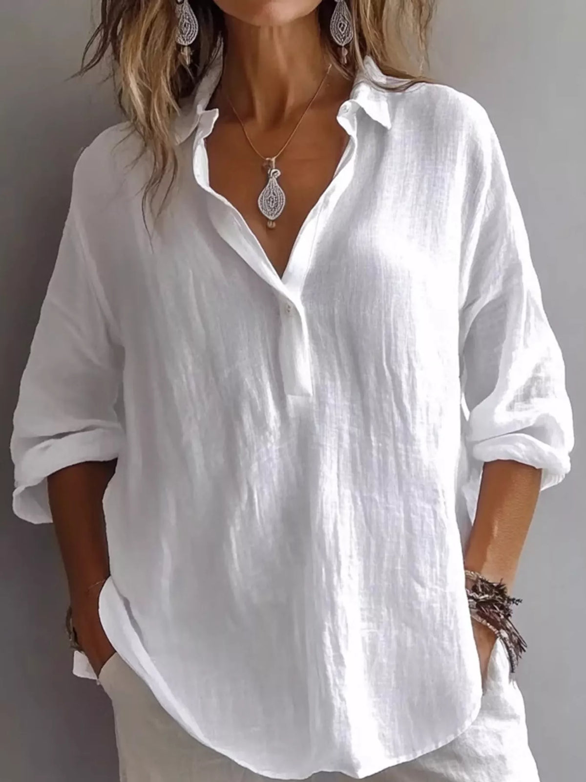 Collared Neck Long Sleeve Blouse - White - View 1