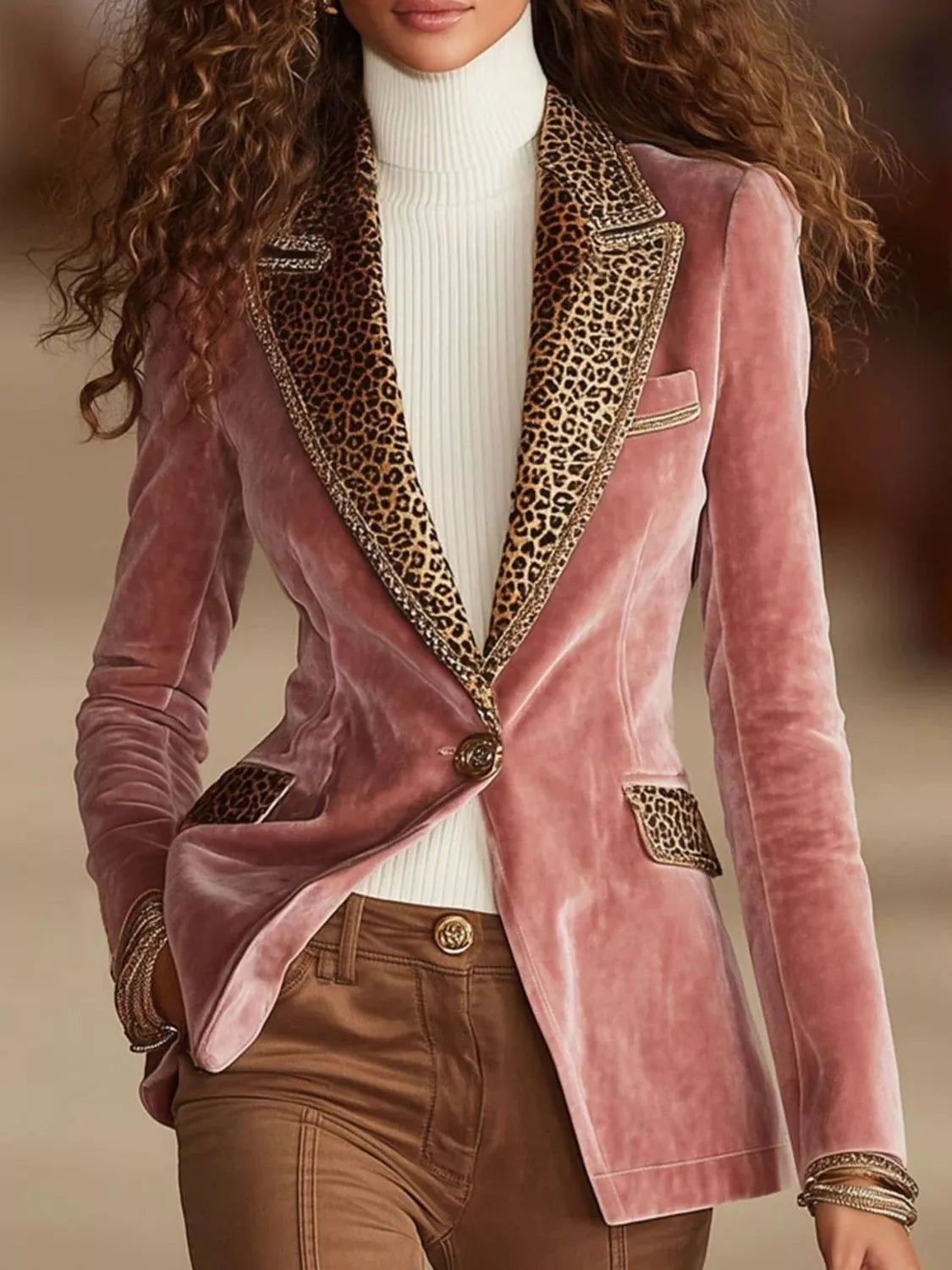 Full Size Leopard Collar One Button Blazer Plus Size - Pink - View 1