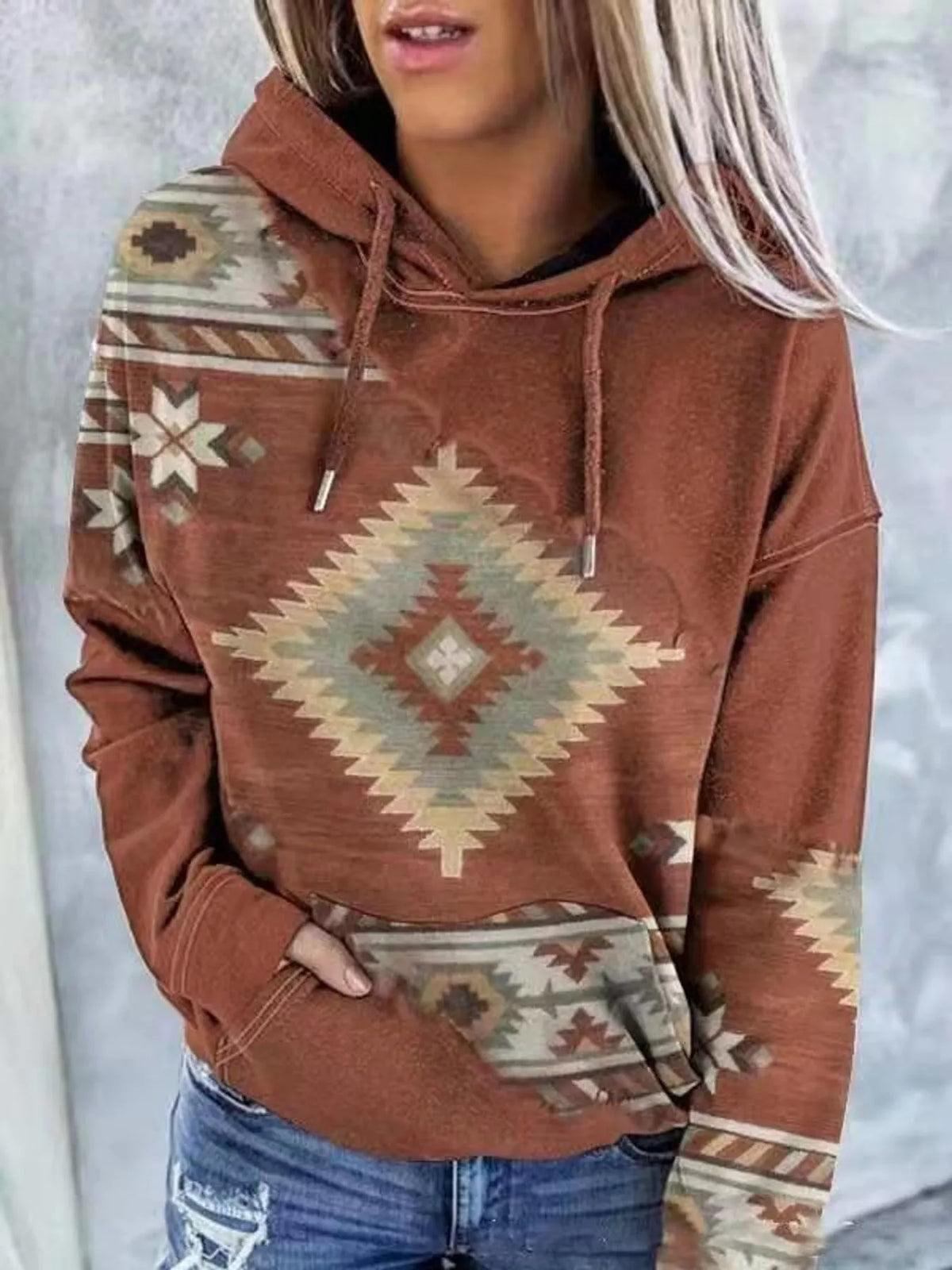 Full Size Aztec Print Hoodie with Kangaroo Pocket Plus Size - Coffee - View 4