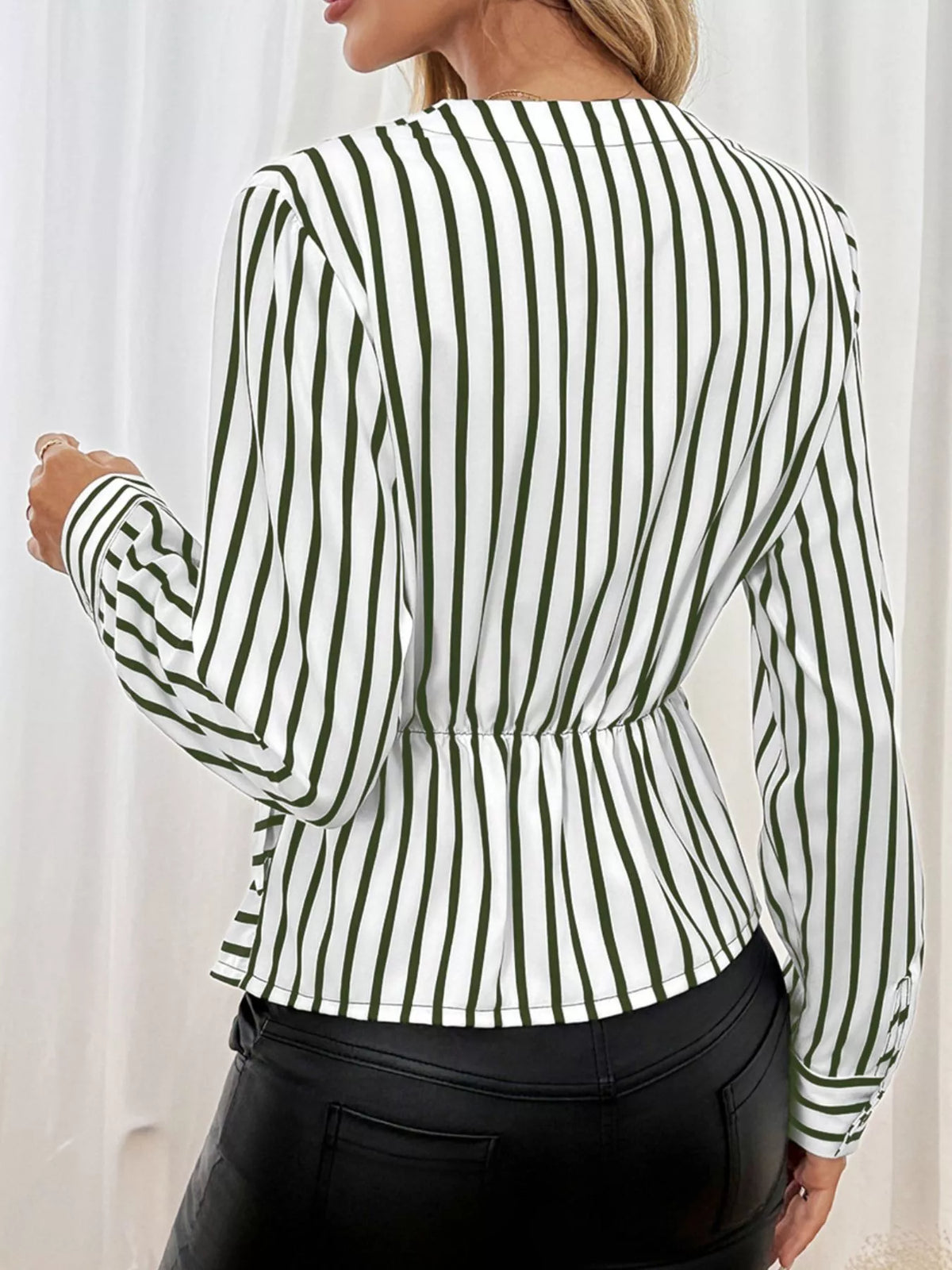 Striped Color Block Surplice Shirt - Green - View 17