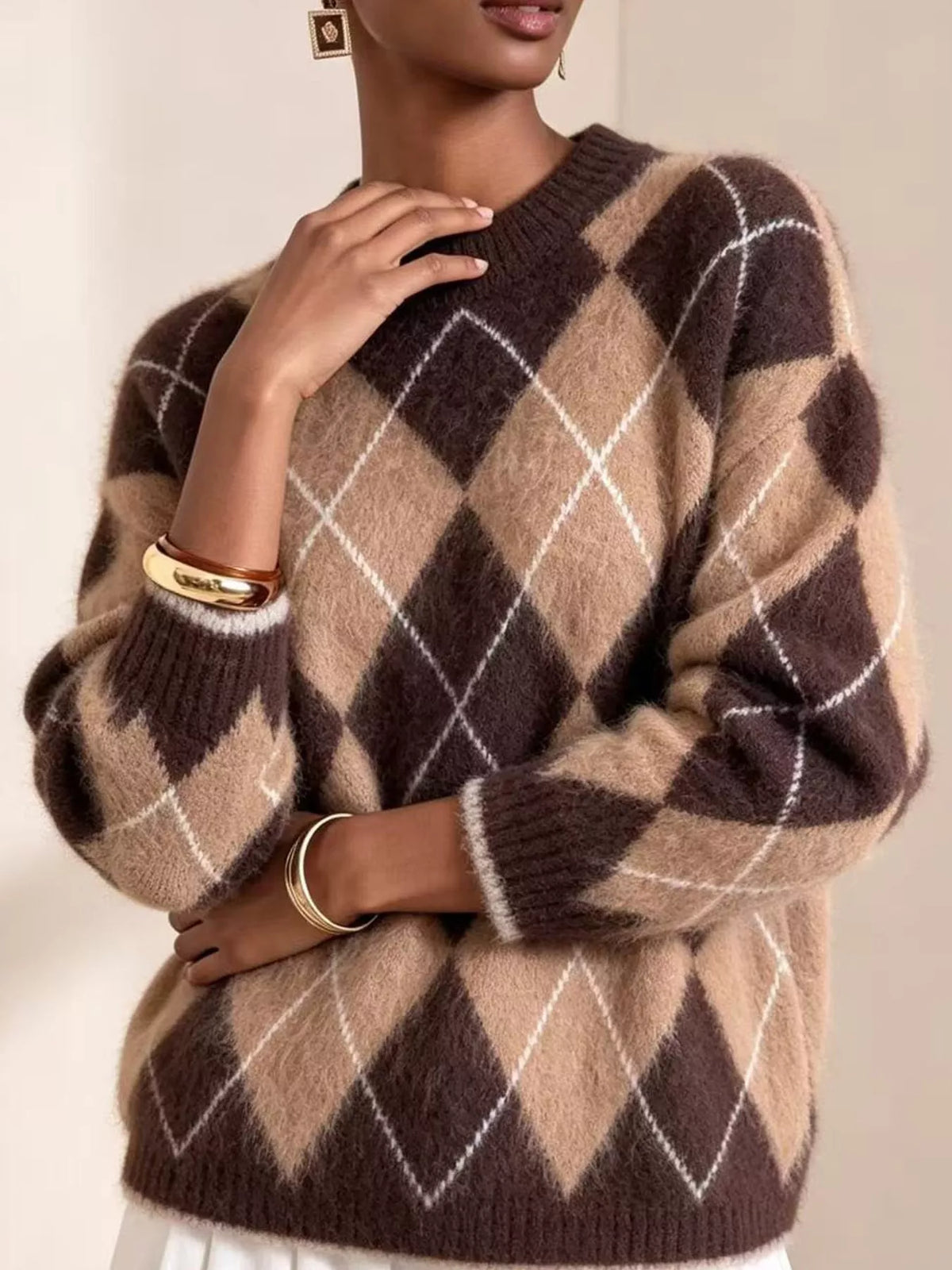 Argyle Pattern Fuzzy Knit Sweater - Brown - View 6