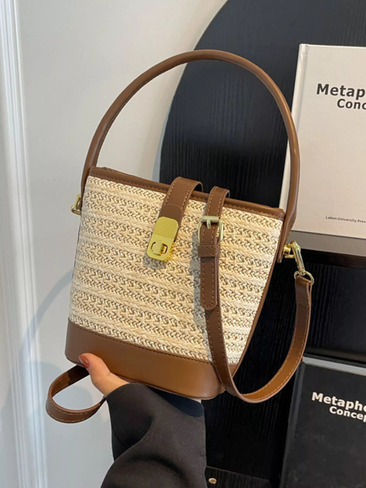 Woven Straw Bucket Crossbody Bag - Off-white - View 7
