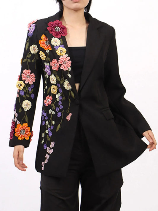 Pearl Detail Flower Lapel Collar Blazer - Black - View 1